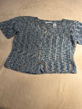 JH Collectibles Blue Turquoise Cream Open Crochet Cardigan